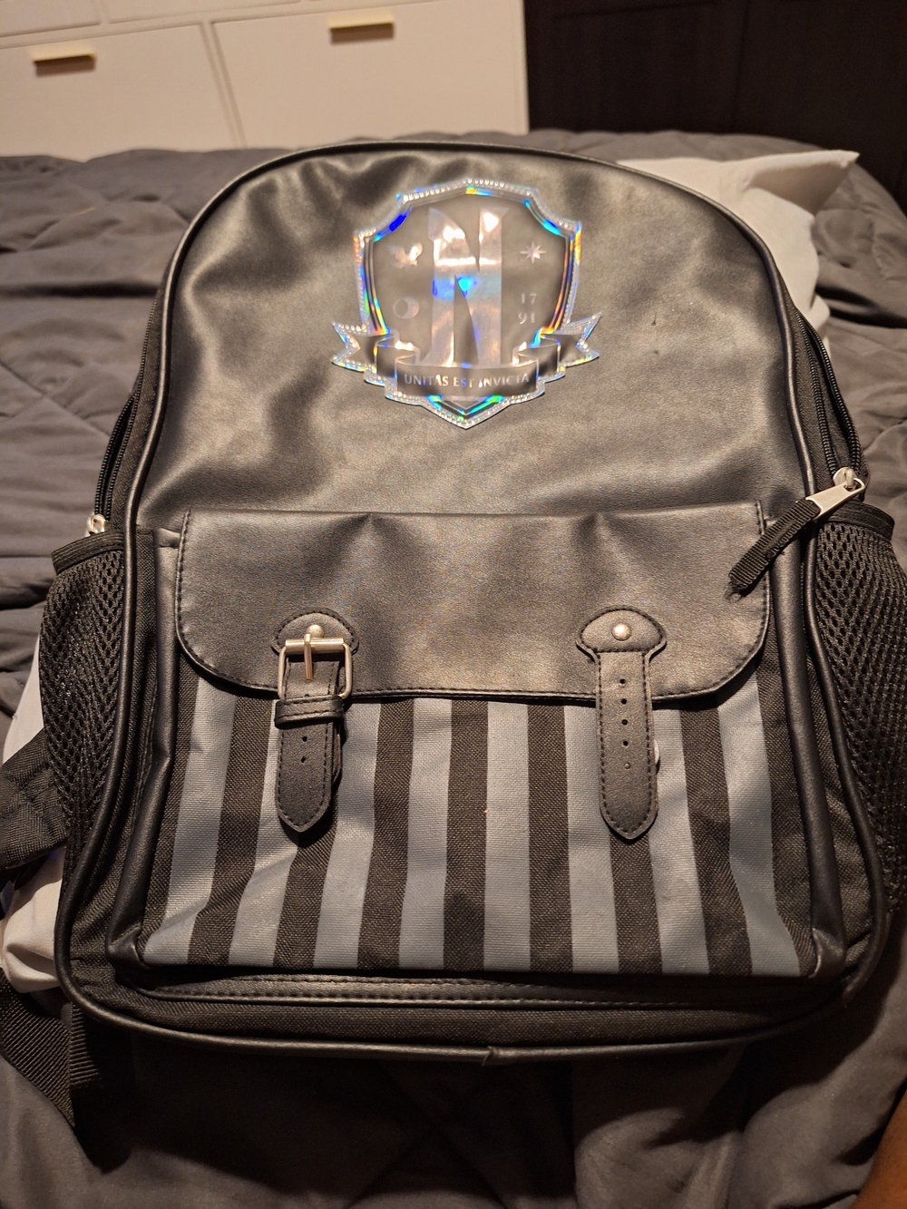 MGM WEDNESDAY Black Striped Men's Backpack with Holographic Crest
